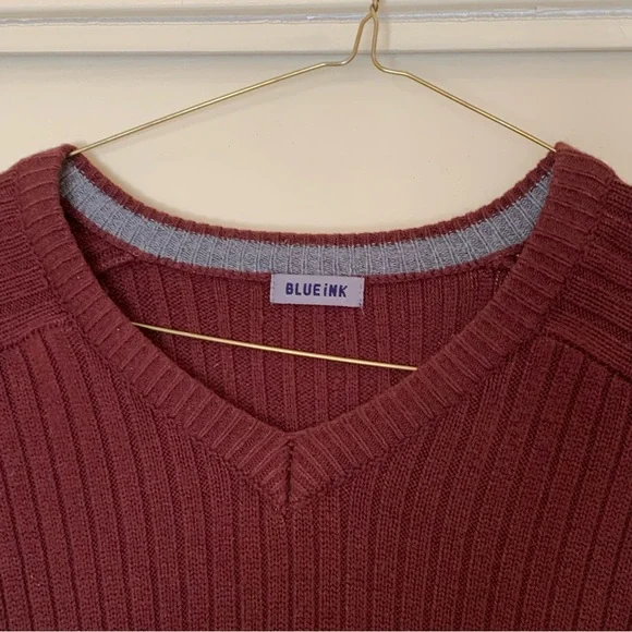 Vintage 80s Blue Ink Maroon Ribbed V-Neck Sweater - Picture 5 of 12